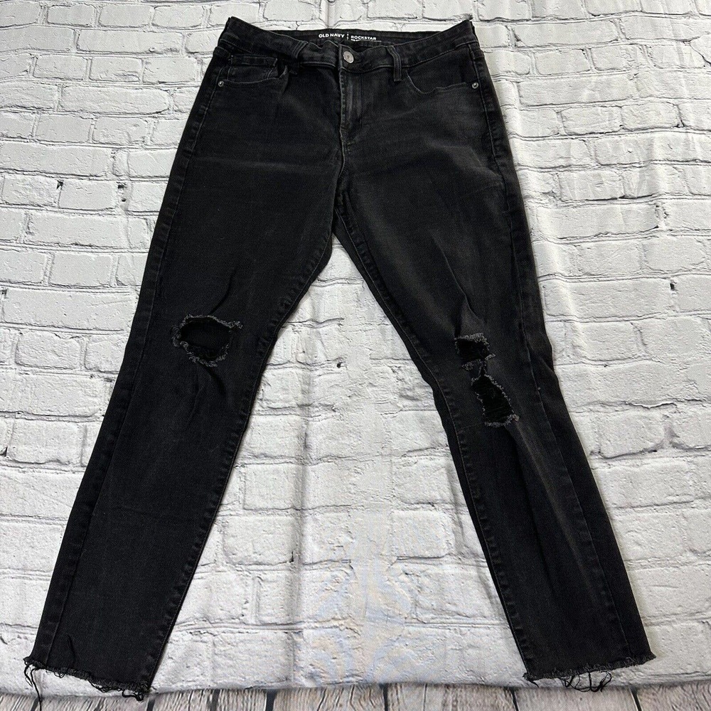 OLD NAVY Jeans Women 12 Black Rockstar Super Skinny Ankle Denim Pants Distressed